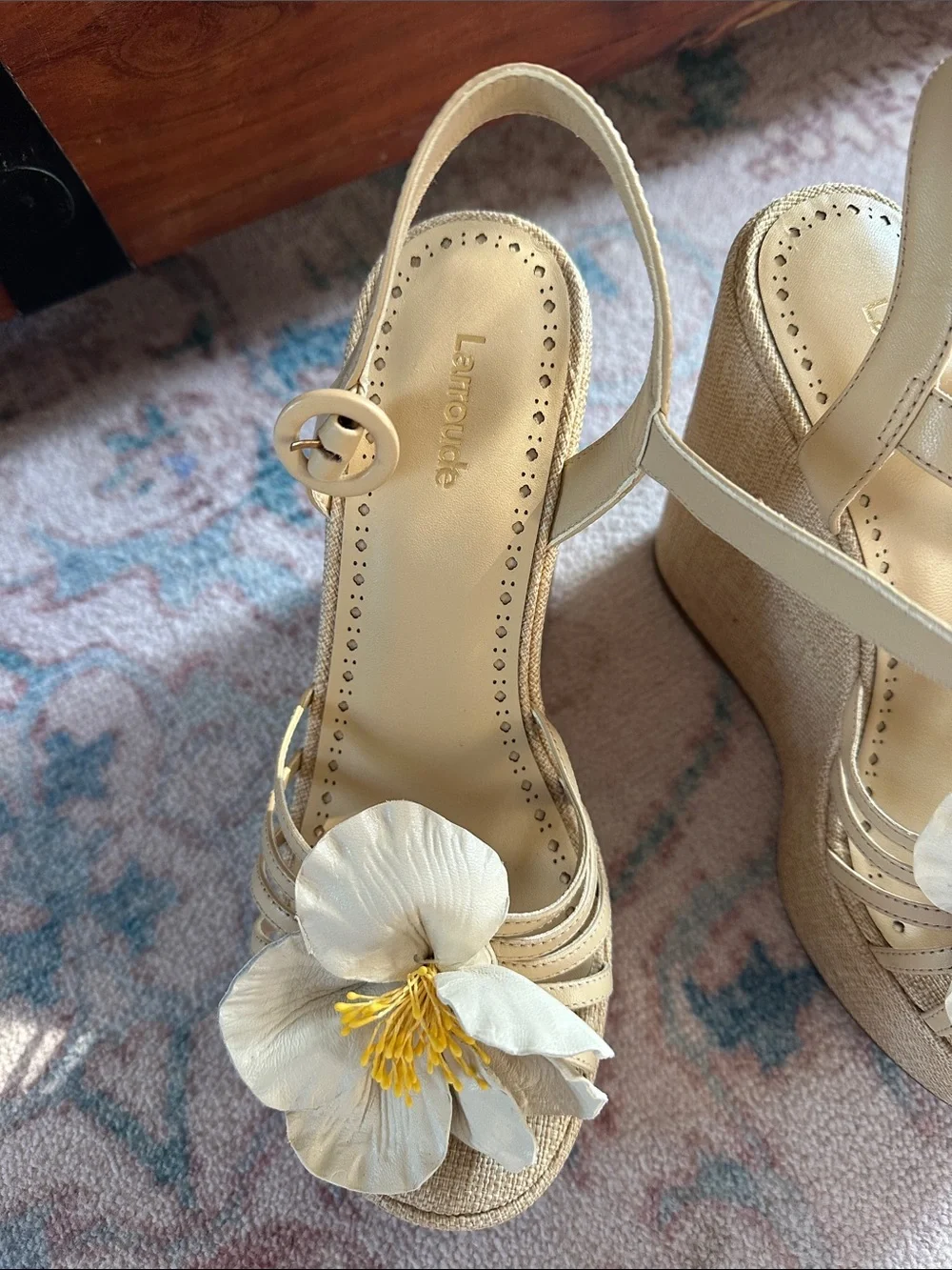 Larroude Beige Floral Wedge Sandals with Platform Heel